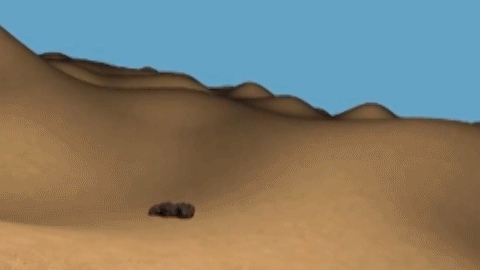 3D animation of a living turd sidewinding through the desert 